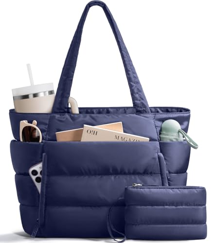 Image of Bagstellar Puffer Tote Bag for Women, Lightweight Puffy Work Handbag Teacher Nurse Quilted Shoulder Bag for School Travel Gym | Cloud Bag w / Zipper