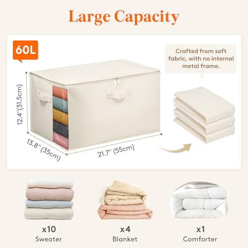 Lifewit Canvas Cotton Comforter Storage Bags with Zipper 4 Pack, 60L Breathable Foldable Clothing Containers, Linen Sweater Organizers Boxes for Clothes, Blankets, Pillows, Duvets, Bedding3