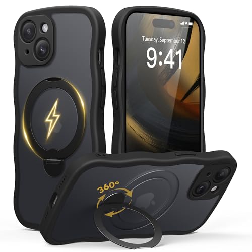 GolbinBox for iPhone 15 Case for Women,[Compatible with Magsafe][360 Spin Magnetic Stand][Cute Wave Edge][Military-Grade Protection] Translucent Matte Phone Case for iPhone 15, Black