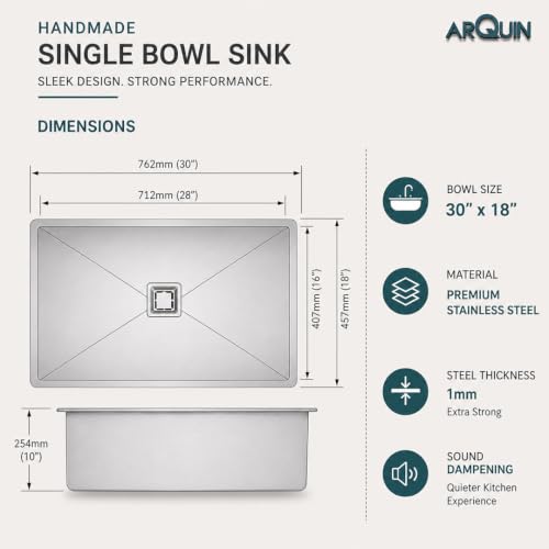 Image of ARQUIN Kitchen Sink 30x18x10 Inch Handmade Single Bowl Matt Finish Kitchen Sink 304 Grade Stainless Steel Kitchen Sinks|Sink For Kitchen Basin Square Drainer and Adjustable Fruit Basket