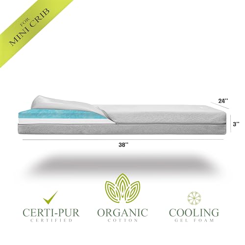 Image of Organic Cotton Dual-Sided Mini Crib Mattress, 38x24x3 Premium Memory Foam 2-Stage CertiPUR-US Hypoallergenic Baby Mattress Firm Support for Infant Cooling Gel for Toddler Waterproof & Washable Cover