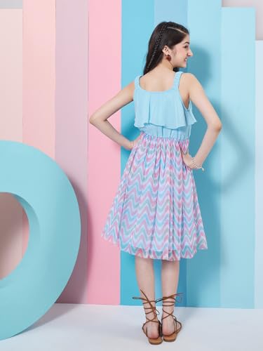 Image of Pspeaches Girl's Geometric Printed Georgette Fit & Flare Blue Dress Trendy Style