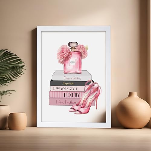 Image of Poster Master Fashion Print - Pink Designer Poster - Shoes & Perfume Art - Chic Gift for Her & Fashionista - Luxury Haute Couture Decor for Bedroom or Girl's Room - 16x20 White Framed