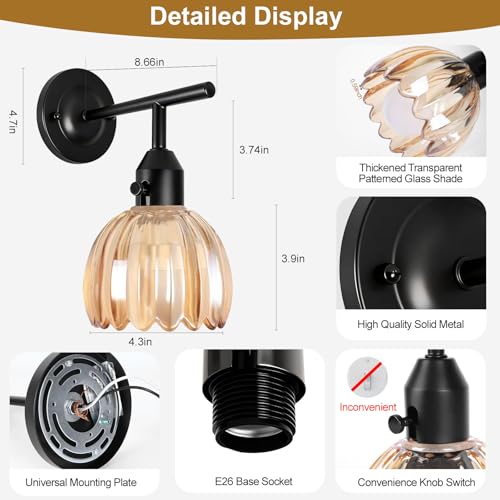 Image of Vintage Wall Sconces with Cute Amber Tulip Glass Lampshade, Black Wall Sconces Hradwired Modern Wall Lighting Fixture with Switch for Bedside Bedroom Living Room Wall Decor