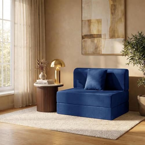 Image of Rosebell One Seater Foldable Sofa Cum Bed (3x6 Feet) Jute Fabric, Washable Removable Cover, Includes One Cushion | Space Saving Sofa Bed for Home, Office & Guests - Blue