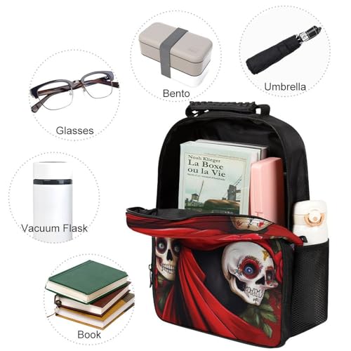 Lightweight Backpack for Gym Travel Bicycle - Big Capacity Multipurpose Anti-Theft Carry On Bag, Mexican Red Rose Sugar Skull Floral Women Day Of The Dead Art Travel Hiking Bag & Day Pack3