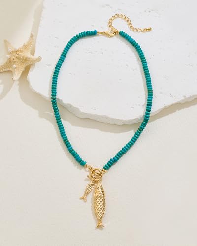 Gold Fish Necklace For Women Blued Beaded Strand Toggle Necklace With Gold Fish Pendants Dainty Summer Beach Turquoise Jewelry4