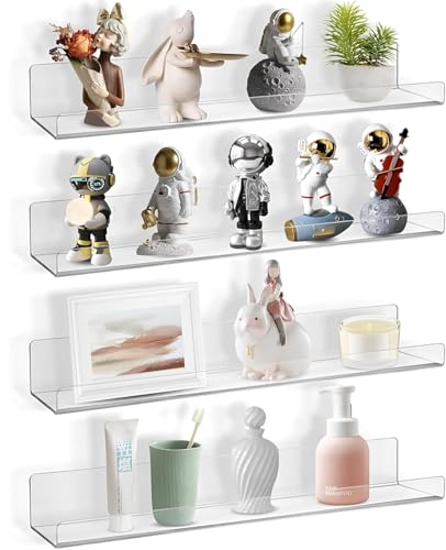 Image of REEUZA15 Clear Acrylic Floating Shelves | Invisible Wall-Mounted Display | Perfect for Bedroom, Living Room, Bathroom, Office | Easy Installation (4)