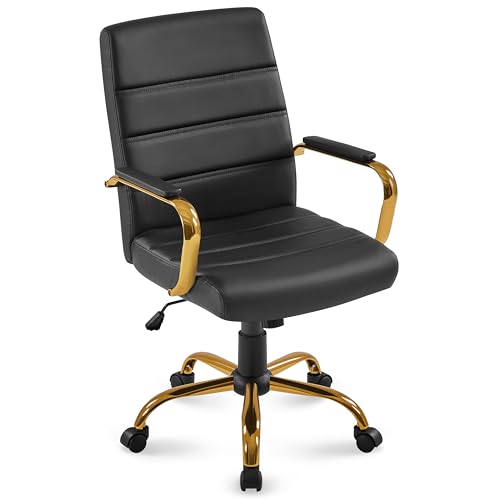 Yaheetech Black and Gold Office Chair Mid Back PU Leather Rocking Desk Seat