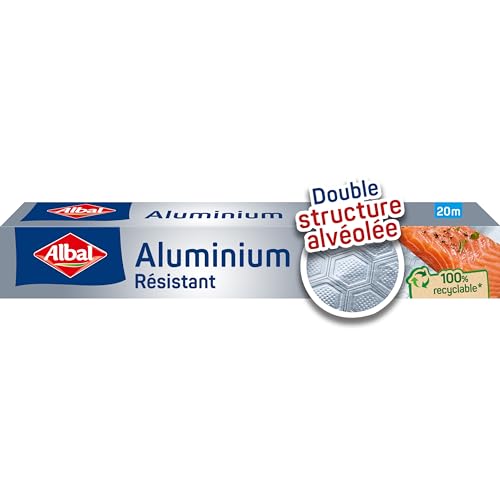 ALBAL Papier Aluminium pour four et barbecue (20m), Film Alu résistant aux déchirures et aux variations de températures, Rouleau aluminium à double structure alvéolée