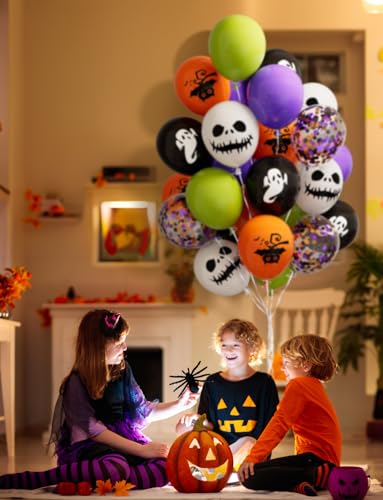 Adeyoo ADWSJ00 Halloween Balloons Decorations,60Pcs 12 Inch Black Orange Balloons Set Purple Green Latex Balloons Fun Confetti Balloons Ghost Bat Skeleton Print Balloons For Halloween Birthday Party Supplies thumb #2