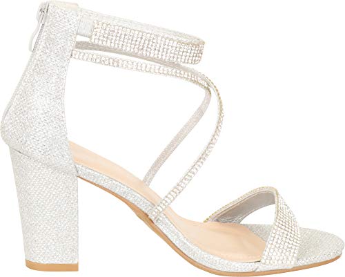 Cambridge Select Women's Open Toe Crisscross Strappy Crystal Rhinestone Chunky Block Heel Sandal,8,Silver Glitter - Image 3