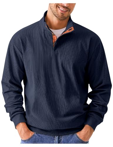 COZYPOIN Men's Corduroy Sweatshirts Casual Stand Collar Button Long Sleeve Henley Pullover Sweater with Elbow Patches