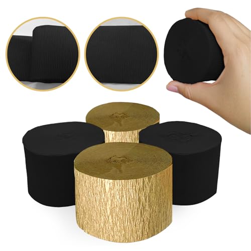 Image of 4 Crepe Paper Streamers Rolls, 328ft Pack of Black and Gold Crepe Paper for Birthday, Graduation, New Years, Wedding, Engagement Party Decorations (1.8 inch x 82 ft /Roll)