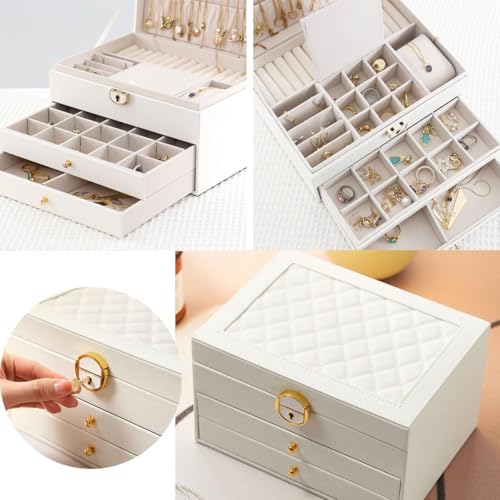 Image of Vlando 3 Layer Jewellery Organiser Box, Large PU Leather Jewelry Storage Case With Drawers, Earrings, Rings, Necklaces Holder | Luxury Jewellery Box For Women & Girls Gift (White)