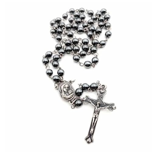 Nazareth Store unisex-adult Hematite Rosary Black Stone Beads Necklace with Jerusalem Holy Soil & Cross Antique Religious Rosaries Beads Collection
