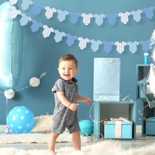 Image of Weysat 2 Pcs Baby Clothes Banner Baby Boys Girls Shower Decorations Blue Bodysuit Clothesline Banner Gender Reveal Birthday Neutral Party Outfit Paper Decor Supplies