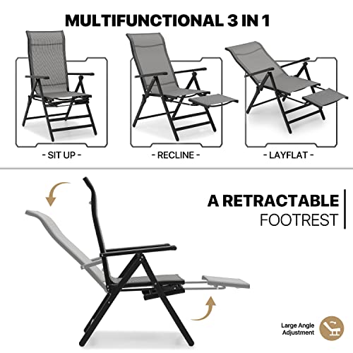Monibloom A15-LC-008-2P-GY 3 In 1 Lounge Chair Set Of 2 Patio Folding Lawn Lounge Chairs Outdoor Lounge High Back Chair Camp Reclining Lounge Chair thumb #7