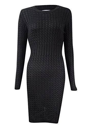 Calvin Klein Womens Cable Knit Ribbed Trim Sweaterdress Black L