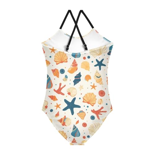 KLL Seashells Different Shapes and Starfish Girl 1 Piece Swim Suit Summer Swimwear Adjustable Strap Cute2