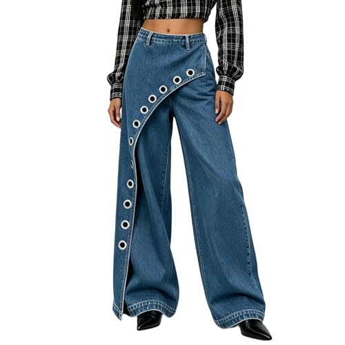 Jeans wide leg de mujer con cintura asimétrica y ojetes estilo denim punk
