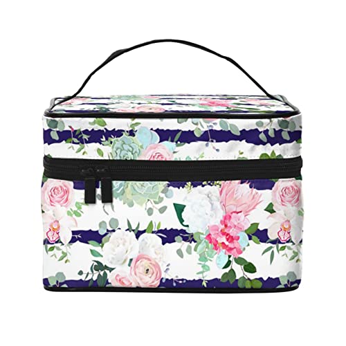 Trousse de maquillage noire à rayures : grand volume de rangement nomade pour cosmétiques