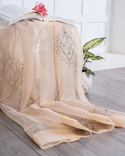 Image of (7 ft Sheer Tissue with Embroidery Damas Design|Grommet Curtains Window Long Curtain|Tissue Fabric Window Single Curtain (Golden&Light Brown) for Home|(Pack of 1) 213 LX121 W cm