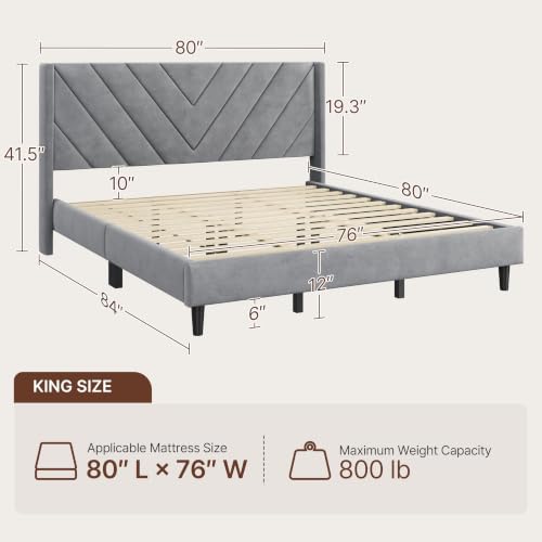 Image of Yaheetech King Bed Frame Upholstered Platform Bed /Wooden Slat Support /Tufted Headboard with Wing Side /Mattress Foundation /No Box Spring Needed,Light Gray King