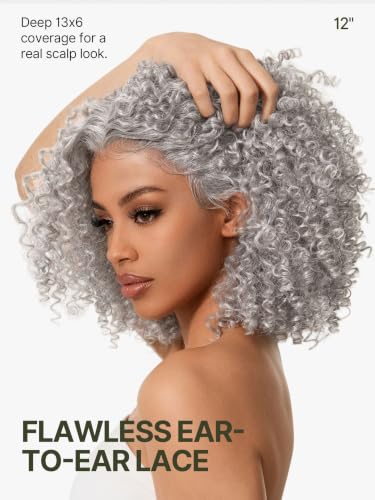 Image of Short Curly Wigs for Black Women 12 Inches Jerry Curly Wig Grey | 13x6 Frontal Lace Wig Glueless Wig Veralux Fiber Blend Human Hair 200% Density Ready to Go Headband Wig