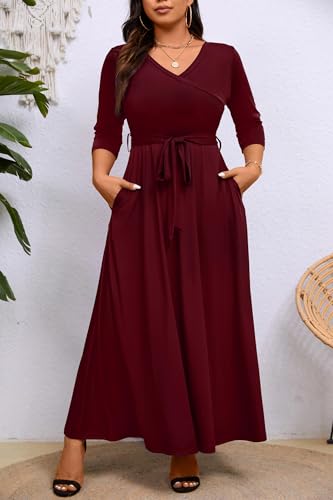 Image of Runwind Plus Size Dress for Women - 3 /4 Sleeve V Neck Maxi Dresses for Women (XL-6XL)
