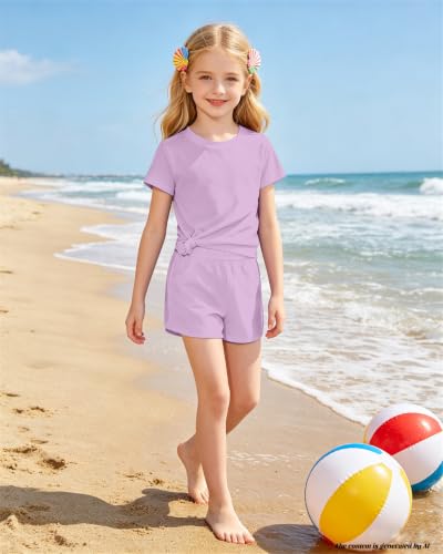 Image of Bestuline Girls Summer 2 Piece Outfits,Basic Short Sleeve Top & Shorts Set with Side Pockets,4-14Y