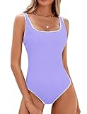 BMJL Women's One Piece Swimsuit Sports Adjustable Strap Bathing Suit Color Block Ribbed High Cut Swimsuits(S,Light Purple)