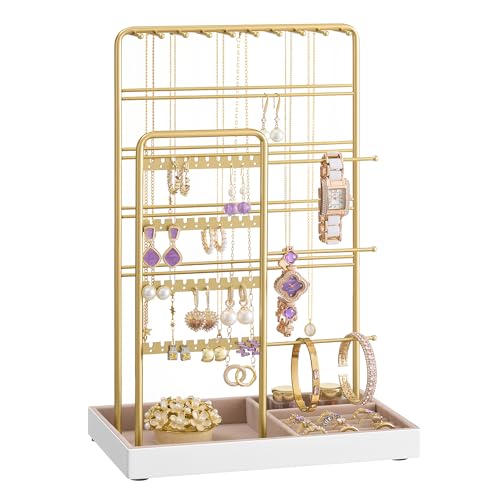 SONGMICS Soporte para Joyas, Organizador de Joyas, Expositor de Joyas, Marco de Metal, Bandeja de Terciopelo, para Collares, Pulseras, Anillos, Regalo, Dorado Pálido JJS028A01