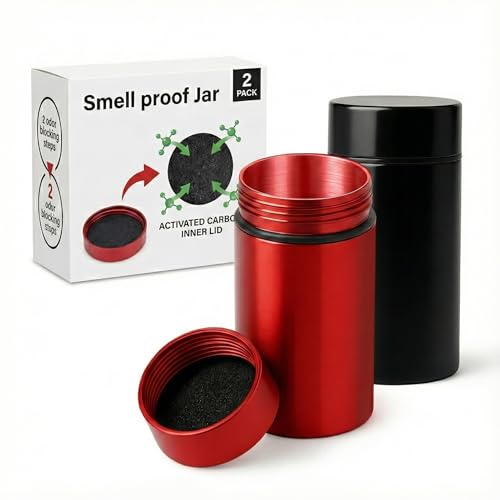 Epulse Smell Proof Jar Container - Stash Jars - Scent Odor Proof Air Tight Storage - Spice Herb Small Jars with Activated Carbon (Black-Red)