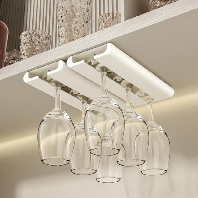 2Pack Wine Glass Holder - Under Cabinet, No Drilling Installation, Stemware Rack, Glass Hanging Rack for Kitchen and Bar (White)