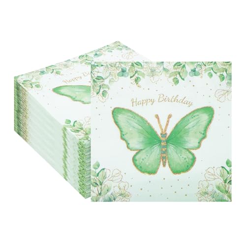 80 servilletas decorativas de cumpleaños con mariposas, color verde, 33 x 33 cm