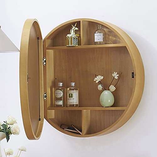 Lustro łazienkowe LED z szafką do przechowywania, okrągłe, drewniane, montowane na ścianie, inteligentny przełącznik dotykowy, w pełni zmontowane, 70 cm, stylowe brązowe wykończenie do nowoczesnych