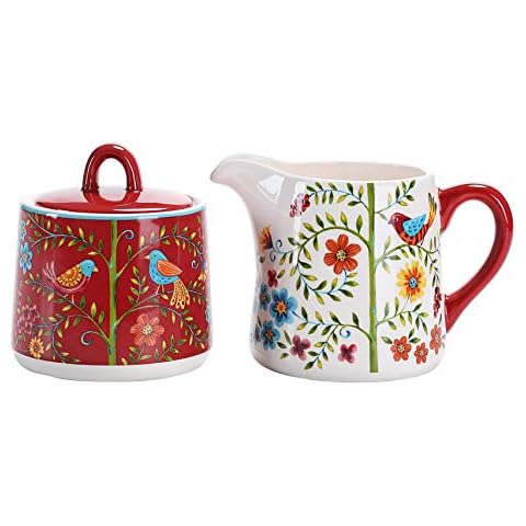 Bico Red Spring Bird Ceramic Sugar and Cream Set, Dishwasher Safe Cover