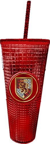 Image of Spoontiques Harry Potter Diamond Tumbler, 20oz - Textured Cup w /Staw, Double Wall Insulated, BPA Free - Gryffindor