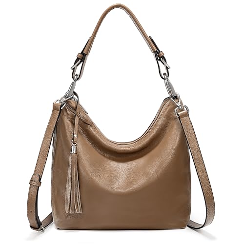 Image of YALUXE Women's Genuine Leather Hobo Handbags Purses Shoulder Bags Cross-body Bags with Double Zippered Pockets