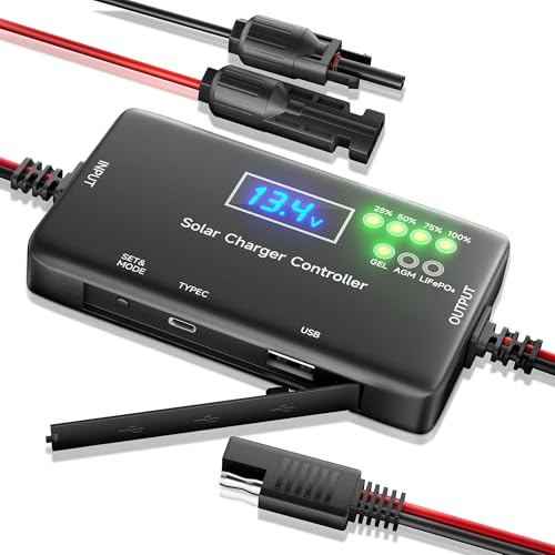 Solar Charge Controller 12V 20A, Solar Panel Charge Controller with Type-C and USB Output for Solar...