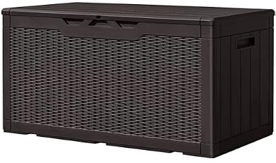 Greesum 100 Gallon Resin Deck Box Large Outdoor Storage, Imitation Rattan Weave Texture for Patio Furniture, Garden Tools, Pool Supplies, Weatherproof and UV Resistant, Lockable, Dark Brown