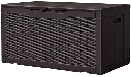 Image of Greesum 100 Gallon Resin Deck Box Large Outdoor Storage, Imitation Rattan Weave Texture for Patio Furniture, Garden Tools, Pool Supplies, Weatherproof and UV Resistant, Lockable, Dark Brown