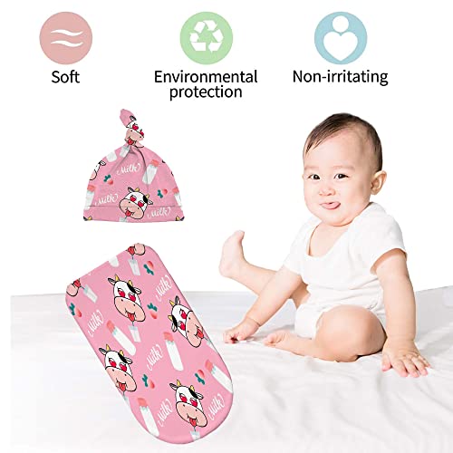 Image of Cartoon Cow Newborn Swaddle Blankets Beanie Hat Sets,Newborn Receiving Blanket for Boy Girl,Swaddle Sack Shower Infant Gift, One Size