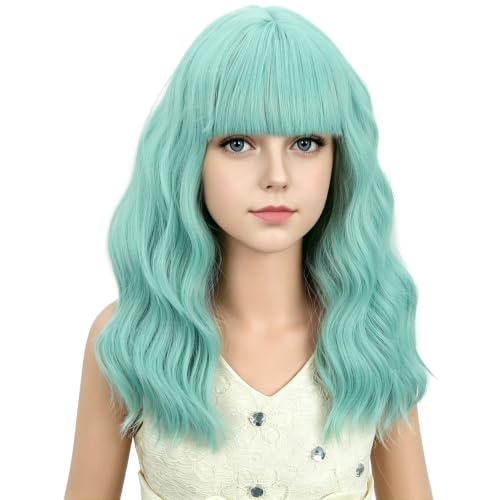 Image of Adult Mint Green Wig Women Short Green Wavy Curly Wigs Adult Wig with Air Bangs Synthetic Cosplay Hair Wigs