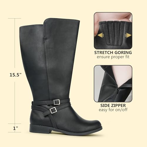 Women's Super Extra Wide Calf Side Zipper Double Buckle Knee High Riding Boots4