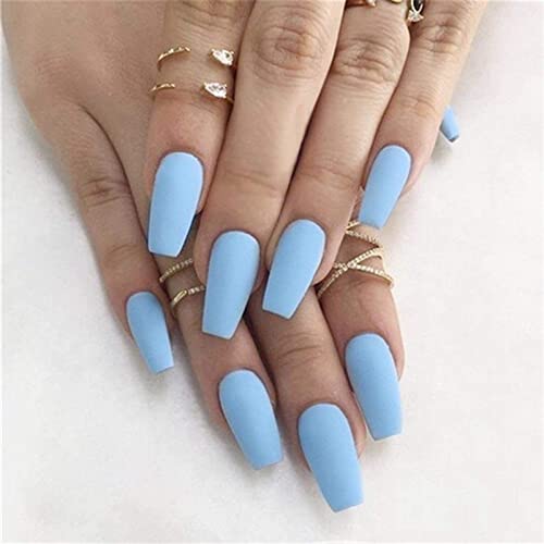 Inilbran Coffin Press on Nails Matte Blue Glue on Nails Medium Long Coffin Fake Nails French Ballerina Stick on Nails Blue Fingernails Solid Color Full Cover Acrylic Nails for Women and Girls 24Pcs