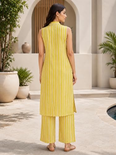 Image of Leriya Fashion Women's Summer Printed Kurta Pant Set | Sleeveless Lightweight Kurti with Palazzo Pants | Kurti Set for Woman | Casual, Office, Vacation & Everyday Outfit | Ethnic Kurta Sets for Woman