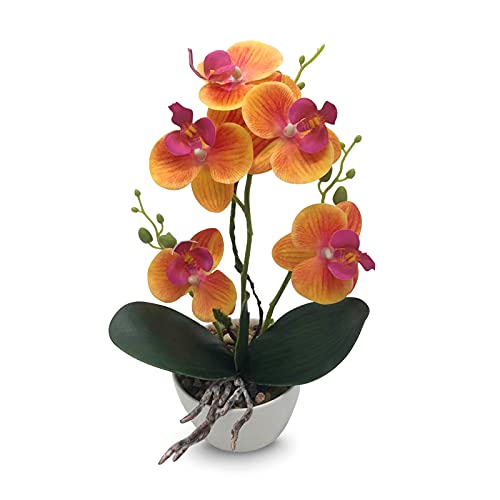 Qucover Orchidées Fleurs artificielles de Phalaenopsis 31CM de Hauteur en Plastique Faux Fleurs en Soie avec Vase pour la décoration de Table de Bureau à Domicile de Mariage (Orange, Petit)