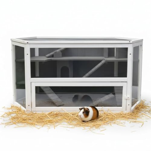Melko Kleintierkäfig 6-Eck aus Holz – Mehrstöckiger Nagerstall mit Plexiglas, 2 Häuschen, 3 Ebenen...